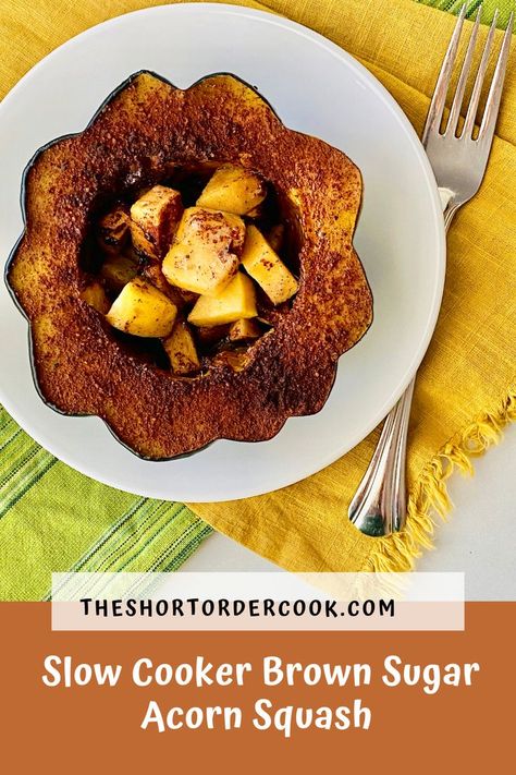 Brown sugar and apple stuffed acorn squash is an easy autumn recipe perfect for the slow cooker. Just get ingredients into the Crock-Pot & the house smells like apple pie, the scent of cinnamon & nutmeg. The vegetarian stuffed acorn squash is great to serve at Thanksgiving or any holiday dinner in fall or winter. A tasty fall harvest side, acorn squash & brown sugar is an amazing dessert & comfort food similar to pumpkin or sweet potato pie. Puree the acorn squash for toddlers and babies. Squash Slow Cooker Recipes, Slow Cooker Acorn Squash, Brown Sugar Acorn Squash, Apple Stuffed Acorn Squash, Fresh Vegetable Recipes, Crockpot Side Dishes, Stuffed Acorn Squash, Fall Vegan Recipes, Easy Autumn Recipes