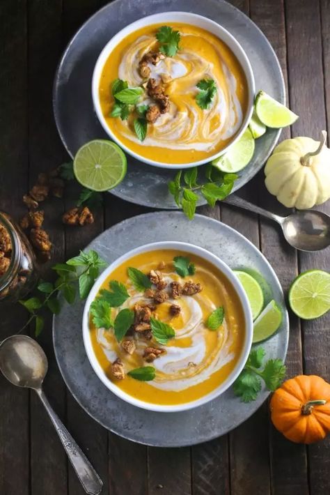 Thai Coconut Curry Butternut Squash Soup - Nerds with Knives Curry Butternut Squash Soup, Whole30 Soup Recipes, Thai Coconut Curry, Curried Butternut Squash Soup, Cheap Clean Eating, Butternut Squash Recipes Soup, Squash Soup Recipe, Thai Coconut, Carrot Soup