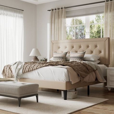 Hegg Tufted Upholstered Platform Bed Platform Bed Wood, Fabric Upholstered Bed, Tufted Platform Bed, Tufted Upholstered Bed, Design Your Bedroom, Bed Wood, Beige Bedroom, Wingback Headboard, Standard Bed