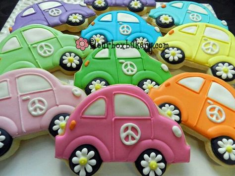 VW Bugs with Daisy Wheels, Peace Symbols by Flour Box Bakery January Cookies, Vw Cookies, Transportation Cookies, Woodstock Party, Hippy Party, Car Cookies, Hippie Birthday, Hippie Party, Sugar Cookie Royal Icing