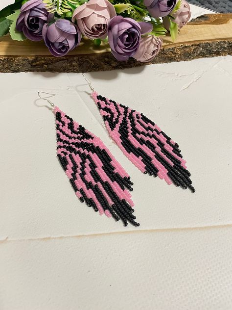 Pink And White Beaded Earrings, Pink Beaded Earrings, Blue Butterfly Wings, Long Beaded Earrings, Mom Earrings, Animal Print Earrings, Pink Animal Print, Beaded Earrings Native, Butterfly Wing Earrings