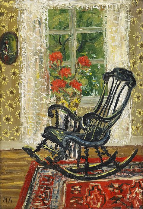 Rocking chair, Mårten Andersson. Swedish, born in 1934. Chair Drawing, Frame By Frame Animation, History Painting, Garden Artwork, Hur Man Målar, Art Chair, Painted Chairs, Artist Paint, Interior Art