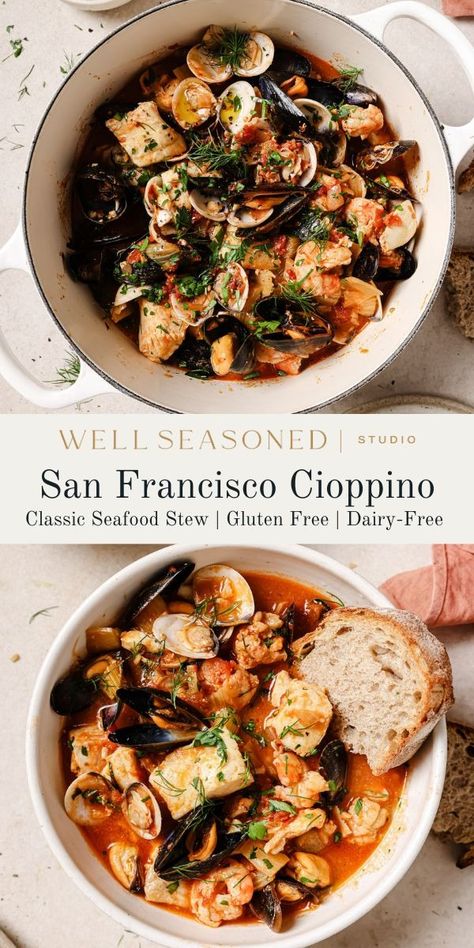 What if I told you that my Homemade Cioppino (Seafood Stew) is 100x better than what you'll get at a restaurant? It's got serious depth of flavor, a rich tomato-white wine broth made with homemade shrimp stock (it's easy and you're already buying shrimp!), and perfectly cooked fresh fish and shellfish. Don't you dare forget that crusty San Francisco sourdough for sopping up every bit of broth! This is the ultimate Cioppino recipe. #wellseasonedstudio #cioppino #cioppinorecipe #seafoodstew Cioppino Recipe San Francisco, Authentic Cioppino Recipe, Cioppino Recipe Easy, San Francisco Sourdough, Shrimp Stock, Cioppino Recipe, Seafood Soup Recipes, Seafood Stew, Fish Stew