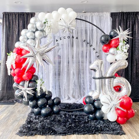 Red Black And White Sweet 16, Red Black And Silver Sweet 16, Glam Birthday Party Ideas, Red Party Ideas, Glam Birthday Party, Balloon Ring, Grad Party Theme, Glam Birthday, Sweet 16 Party Decorations