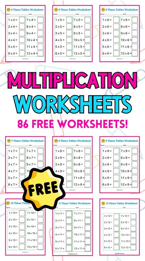 Get your free multiplication worksheets now! All times tables available, with 86 free multiplication printables on the website! 4 Multiplication Worksheets, 2's Multiplication Worksheet, Basic Multiplication Activities, Multiplication Test Printable, Montessori Multiplication Free Printable, Mixed Multiplication Worksheets, Multiplication Tables Printable Free, Multiplication Printables Free, Multiplication Sheets Free Printable