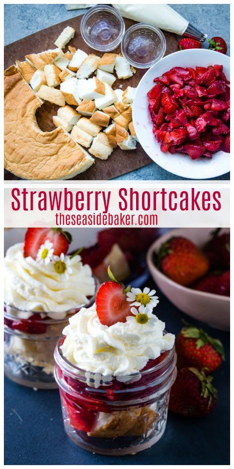 Strawberry Shortcake Jar Recipe, Mason Jar Strawberry Shortcake, Desserts In Mason Jars Ideas, Angel Food Cake Mini Desserts, Backyard Barbecue Party Food, Angel Food Strawberry Shortcake, Strawberry Shortcake Jars, Strawberry Shortcake Pudding Cups, Strawberry Shortcake With Angel Food Cake