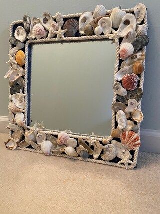 ButtercupBabyNC - Etsy Greece Mirror Decorations Ideas, Mirror Decorations, New Bern North Carolina, Seashell Frame, Angel Wing Ornaments, Statement Mirror, Seashell Projects, Shell Wreath, Diy Home Projects