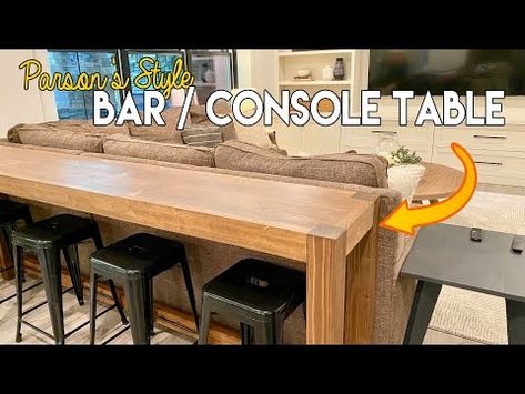 (2) Building a Console Table that DOUBLES AS A BAR! 🍺 - YouTube Bar Height Table Diy, Bar Table Behind Couch, Diy Bar Table, Console Table With Stools, Bar Console Table, Sofa Table Bar, Bar Table Diy, Home Bar Table, Table Behind Couch