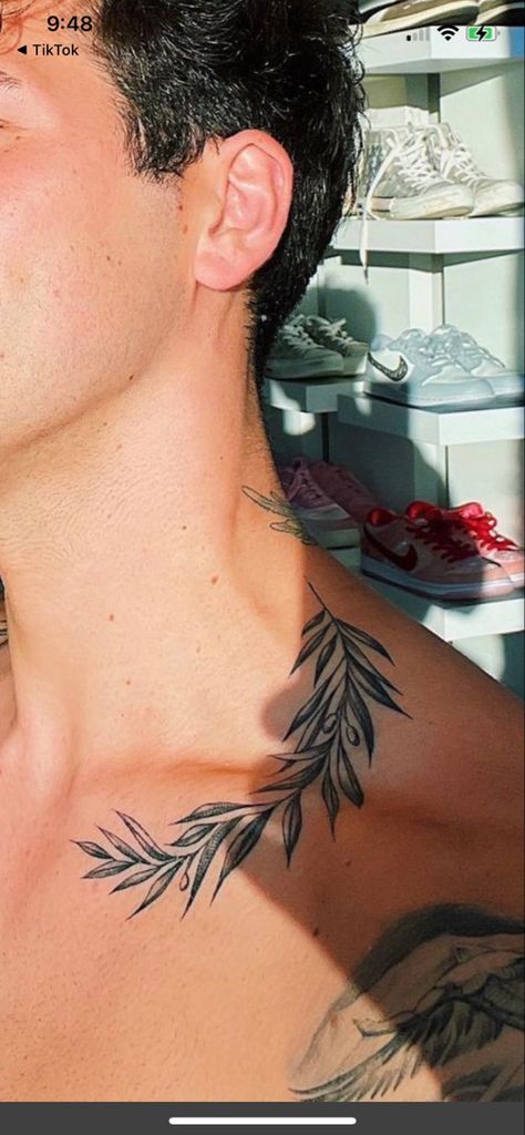 Neck Vine Tattoos Men, Leaves Around Neck Tattoo Men, Roman Laurel Tattoo, Olive Branch Tattoo Mens Neck, Botanical Chest Tattoo Men, Vine Tattoos Neck, Olive Branch Tattoo Chest, Vines Neck Tattoo, Ivy Tattoo Men