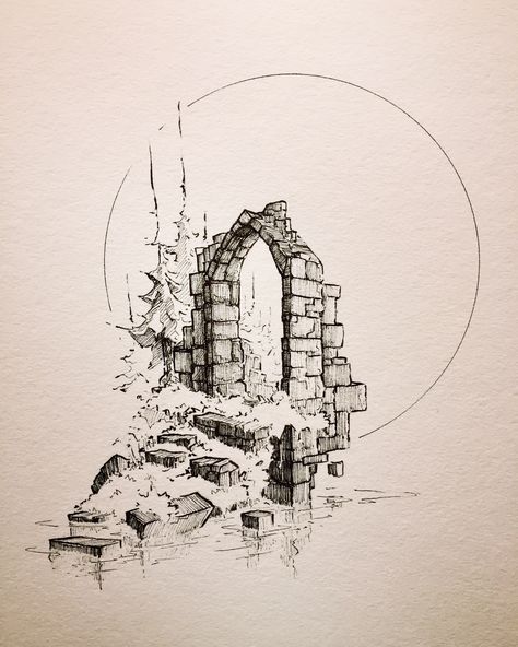 Ink Drawing Inspiration, Overgrown Aesthetic Drawing, Ruins Drawing Reference, Ink Building Drawing, Portal Drawing Sketch, Castle Sketch Simple, Castle Ruins Art, Ruins Sketch, Ruins Tattoo