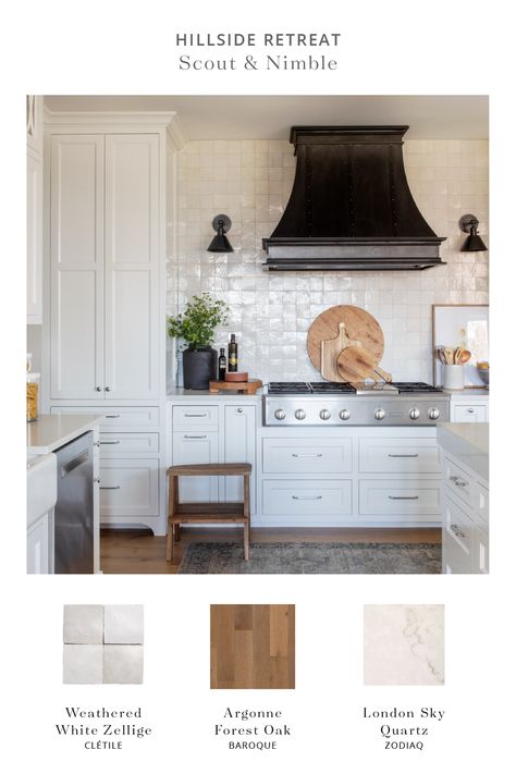 Kitchen Reveal | A Guide to the Hillside Retreat — Scout & Nimble Range Wall No Uppers, Kitchen Hood With Sconces, Wall Sconces Next To Range Hood, Kitchen Range Wall Ideas, Kitchen Sconces Range, Floating Shelves Next To Range Hood, Sconces Next To Range Hood, Cle Tile Kitchen, Kitchen Sconces