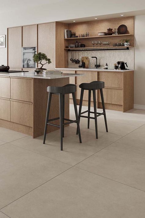 Sometimes size does matter! In supersized 1000x1000mm, Hartford comes in two classic colours - greige and dark grey. With their extra large dimensions, these tiles allow for minimal grout lines, creating a seamless and stylish appearance. With a modern and stylish matt finish, Hartford is the perfect choice for creating a cool and contemporary interior Beige Floor Tiles Kitchen, Extra Large Tile Floor, Grey And Beige Kitchen Ideas, Large Square Tile Floor, Greige Tile Floor, Greige Flooring, Greige Tile, Large Tile Flooring, Tiles In Bedroom