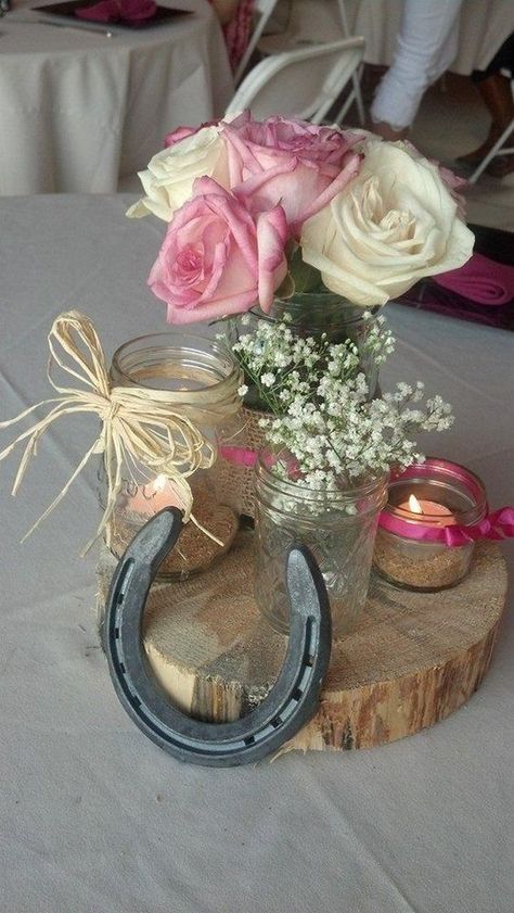 Rustic wedding shower center pieces using all different sizes mason jars / http://www.deerpearlflowers.com/rustic-farm-wedding-horseshoe-ideas/ Rustic Wedding Showers, Wedding Horseshoes, Hipster Wedding, Rustic Farm Wedding, Cowgirl Birthday Party, Horse Party, Rustic Mason Jars, Western Parties, Cowgirl Birthday