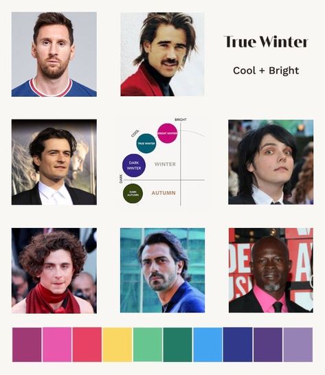 True winter color palette for men Cool Winter Color Palette Men, Cool Winter Men Palette, Dark Autumn Men, True Winter Celebrities, True Winter Palette, True Winter Color Palette, Fashion Categories, Light Summer Color Palette, Cool Winter Color Palette