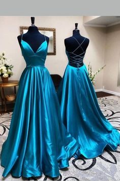 Prom Dress Simple, Satin Long Prom Dress, Simple Evening Dress, Emerald Green Prom Dress, Sweep Train Prom Dress, Prom Dresses Simple, Stunning Prom Dresses, Spaghetti Strap Prom Dress, V Neck Prom Dresses