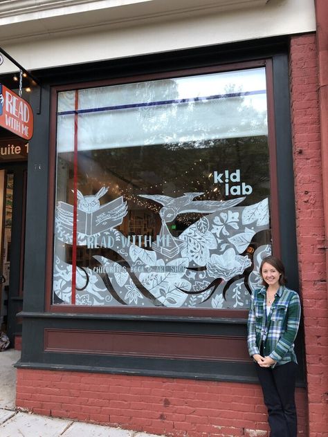 Interview with Lindsay Hutchins, the artist behind Kid Lab’s Window Display — Blog & DIY Resources | Kid Lab: A nonprofit makerspace in Raleigh, NC Bookstore Window, Kids Lab, Kids Art Studio, Expo Marker, Sketches Of Love, Cut Out Shapes, Bird Theme, Themes Free, Window Displays