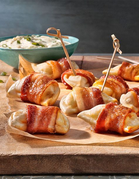 Pierogi Appetizer, Pierogi Recipe, Gluten Free Puff Pastry, Whipped Potatoes, Bacon Appetizers, Appetizer Ideas, Flavored Bacon, Appetizer Dips, Bacon Wrapped