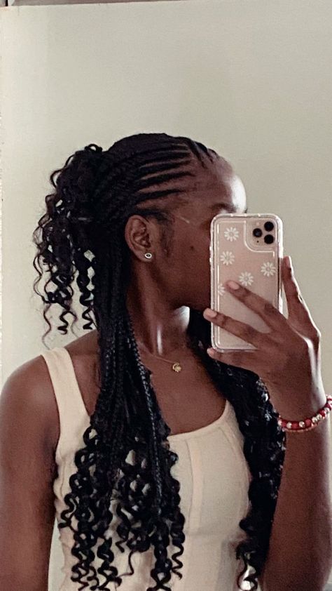 Corn Rolls With Box Braids, Fulani Braids Claw Clip, Ways To Style Fulani Braids With Curls, Braids For Homecoming Black, Braids Half Up Half Down Black Women, Half Corn Rows Half Box Braids, Half Up Half Down Feed In Braids, Fulani Braids Hairstyles Designs With Curls, Funali Braids With Curls