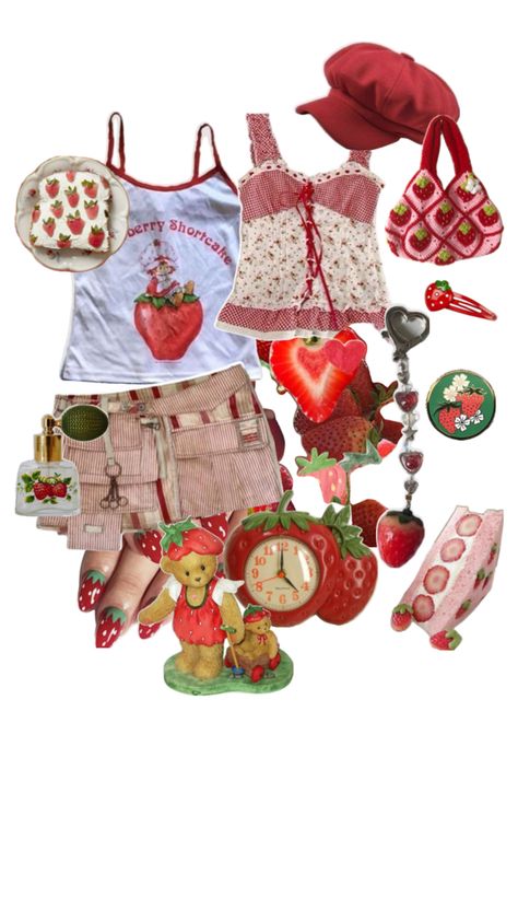 Strawberry Fashion Aesthetic, Strawberrycore Aesthetic Outfits, Strawberry Theme Outfit, Soft Core Clothes, Fruitcore Outfits, Jumino Core Clothes, Fruit Themed Outfits, Outfit Ideas Strawberry, Trinketcore Outfit