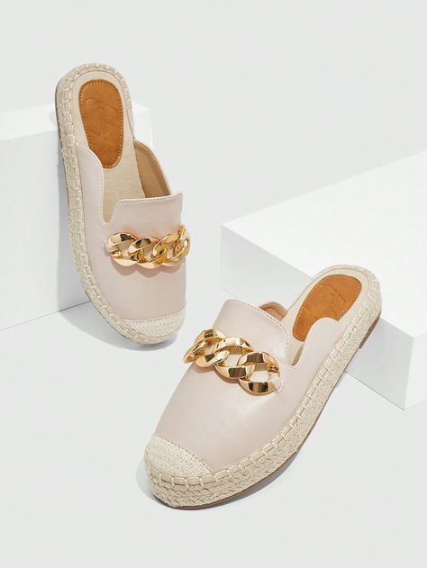 Beige  Collar     Embellished   Women Shoes Beige Mules, Mule Flats, Vacation Shoes, Espadrille Flats, Christmas Shoes, Chain Decor, Flats For Women, Women Chain, Vintage Cottagecore