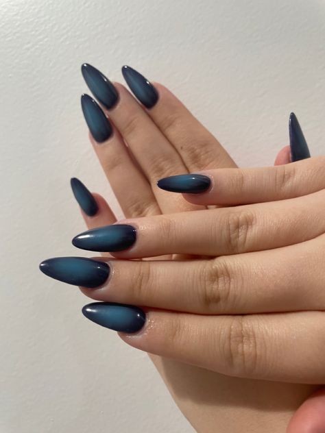 blue aura nails, almond aura nails, acrylic almond aura nails, dark blue and light blue aura nails, airbrush nails, long nails Moody Blue Nails, Nail Aura Design, Blue Nails Aura, Airbrush Nails Blue, Dark Almond Acrylic Nails, Black And Blue Aura Nails, Navy Aura Nails, Long Dark Blue Nails, Aura Blue Nails