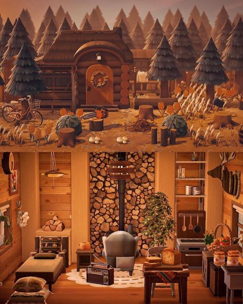 Acnh Lumber Yard, Animal Crossing Log Cabin, Acnh Cabin Interior, Acnh Autumn, Boho Cabin, Cabin Homes Interior, Fall Cottage, Log Cabin Interior, Autumn Interior