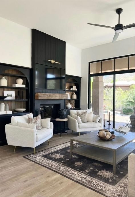 Charcoal And Taupe Living Room, Moody Living Room With Fireplace, Sitting Room Ideas Cozy Modern, Ruggable Rug Living Room, Ruggable Living Rooms, Living Room With Black Fireplace, Wood Rug, Open Living Room Design, Family Room Walls