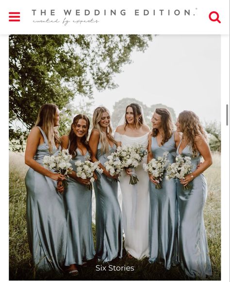 Weddings In September, Blue Tones Bridesmaid Dresses, Dusty Blue And Silver Bridesmaid Dresses, Muted Blue Bridesmaid Dresses, Satin Bridesmaids Dress, Pale Blue Bridesmaid Dresses, Satin Bridesmaids, Slate Blue Wedding, Bridgerton Wedding