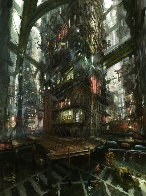 Dark Cyberpunk City, Steampunk Concept Art, Future Cyberpunk, Cyberpunk Concept Art, Ville Cyberpunk, Art Cyberpunk, Dark Future, Sci Fi City, Cyberpunk City