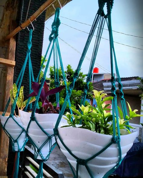 Bahan-bahan:galon bekas,tali kur,cat spray Galon Air, Pot Gantung, Handy Craft, Air Mineral, Tanaman Pot, School Yard, Tree Trunks, Macrame Plant, Macrame Plant Hanger