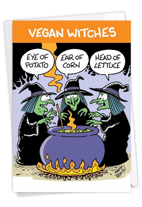 PRICES MAY VARY. INSIDE GREETING: "Have a happy and healthy Halloween!" COVER - Eye of Potato...Ear of Corn...Head of Lettuce...Vegan Witches CARD SIZE - Receive 1, regular sized notecard with 5x7 Inch envelope. We offer funny cards that come either blank or greeted inside, so be sure to review all product photos before purchasing. USE - The perfect, Hilarious card for writing halloween wishes! Card's cover page is printed with a high gloss finish, and the interior pages provide a smooth, flawle Halloween Humor, Halloween Wishes, Healthy Halloween, Good Luck Cards, Halloween Greeting Card, Horror Themes, Halloween Greetings, Halloween Cartoons, Funny Greeting Cards