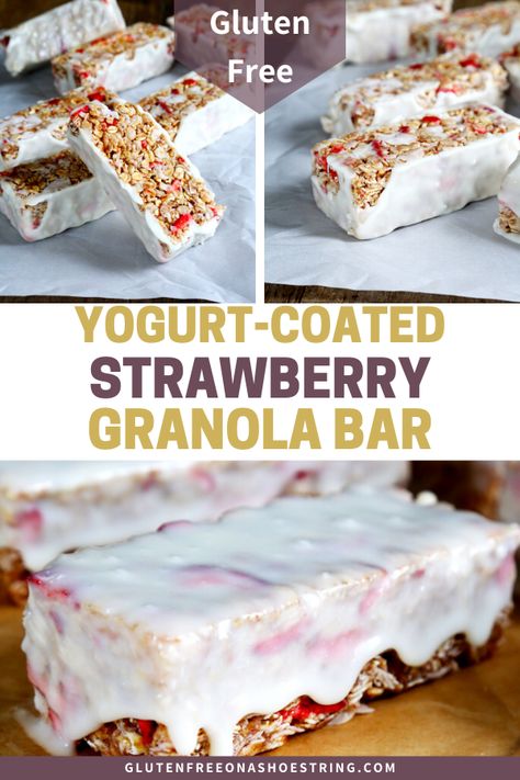 Get this tested, easy-to-follow recipe for no-bake gluten free chewy strawberry granola bars in a thick, tangy yogurt coating. Just like Quaker, but GF! #GlutenFree #Strawberry #GranolaBar Strawberry Cereal Bars, Strawberry Granola Bars, Gf Bars, Homemade Granola Bars Healthy, Cereal Bars Recipes, Protein Granola Bars, Strawberry Snacks, Strawberry Granola, Chewy Granola Bars