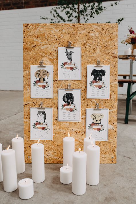 Who doesn't want their best four legged pal included in their wedding? For this dog table plan, each pooch got their own illustration by Wildwood Paper for their table. Lets hope they got a good plateful for dinner! From a dog themed wedding shoot as seen on Rock n Roll Bride, shot by Ellie Grace Photography Dog Themed Wedding, Colour Scheme Wedding, Table Names Wedding, Romantic Wedding Stationery, Botanical Wedding Stationery, Wedding Illustrations, Wedding Table Themes, Wedding Favor Table, Dog Table