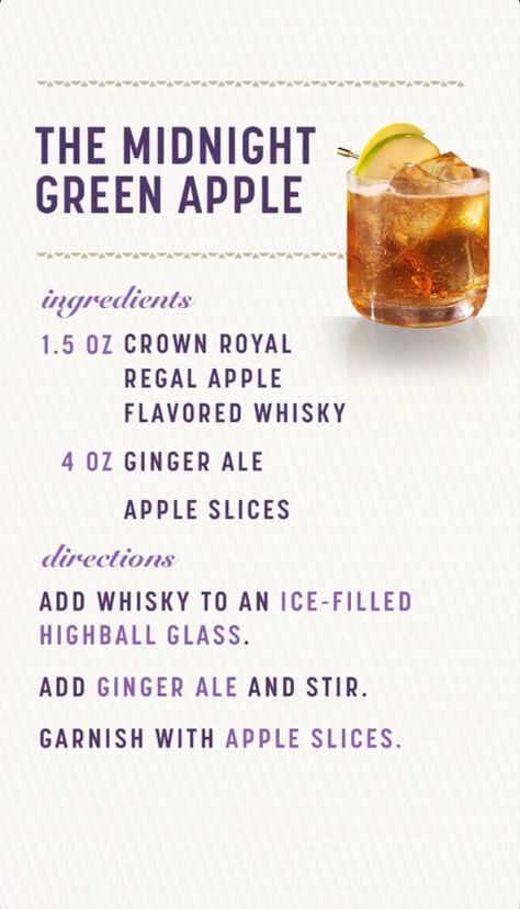 Green Apple Drinks, Apple Drinks, Midnight Green, Highball Glass, Ginger Ale, Apple Slices, Crown Royal, Green Apple, Ginger