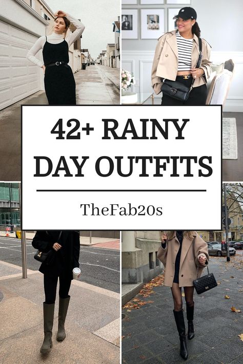 When the weather turns gloomy, stay stylish with these rainy day outfit ideas. From casual rain-ready looks perfect for spring strolls to sophisticated office ensembles that can brighten up any work day, we've got you covered. Embrace the rainy day aesthetic while still looking chic and put-together. Don't let a little precipitation dampen your style - elevate it with fashionable choices that will have you looking fabulous no matter what the forecast says! New England Rainy Day Outfit, Spring Cold Weather Outfit Chic, Rainy Days Outfit For Work, New York Rainy Day Outfit Summer, Rainy Fall Date Night Outfit, Rain Weather Outfit, Rain Fall Outfit, Rainy Day 90s Outfit, How To Dress For Rainy Days