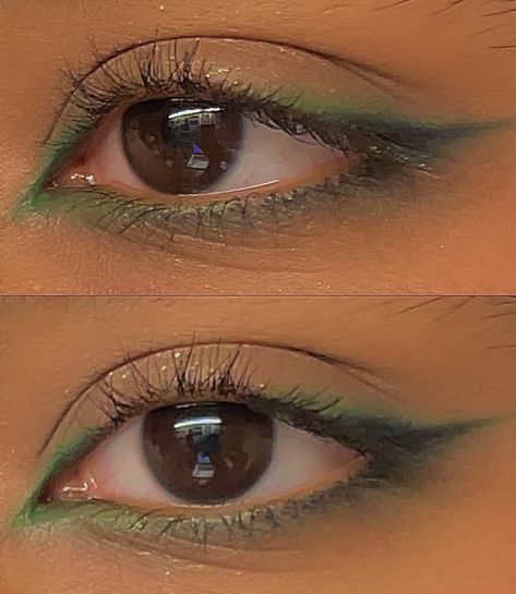 Green Underline Makeup, Makeup Ideas Natural Green Eyes, Fun Makeup Ideas Green, Green Ball Makeup, Green Leaf Makeup, Light Green Dress Makeup Ideas, Green Eyeliner Makeup Brown Eyes, Fairy Core Makeup Aesthetic, Green Costume Makeup