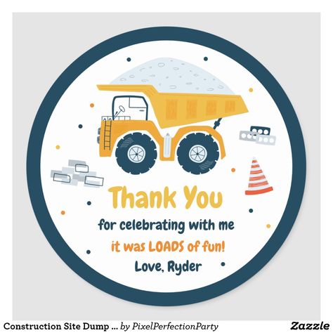 Construction Site Dump Truck Digger Birthday Favor Classic Round Sticker Construction Baby Shower Theme, Construction Cupcakes, Dump Truck Party, Digger Birthday, Theme Snack, Construction Theme Birthday Party, Construction Theme, Truck Party, Construction Birthday