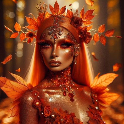 Earth Makeup Looks, Autumn Makeup Art, Fall Goddess, Earth Makeup, Autumn Queen, Helloween Wallpaper, Fall Fairy, Autumn Makeup, Couture Makeup