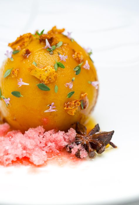 Kikkoman soy poached Peach with sake granite and lemon thyme | FOUR Magazine Fine Dining Plating, Nectarine Recipes, Party Breakfast, Breakfast For Two, Fine Dining Desserts, Dessert Restaurants, Work Food, Chef Simon, Elegant Food