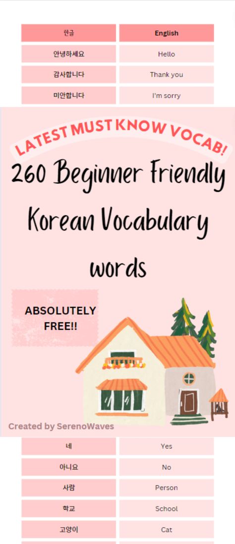 I am thrilled to announce the release of my very first Korean vocabulary booklet, packed with 260 essential words for beginners. Learning Korean has been an incredible journey for me, and I couldn’t be more excited to share this valuable resource with all of you, absolutely free! Beginner Korean Words, Korean Worksheets For Beginners, Korean Resources, Learn Korean For Beginners, Korean Language Learning For Beginners, Grammar Workbook, Korean Grammar, Learning Korean Grammar, Korean Vocabulary