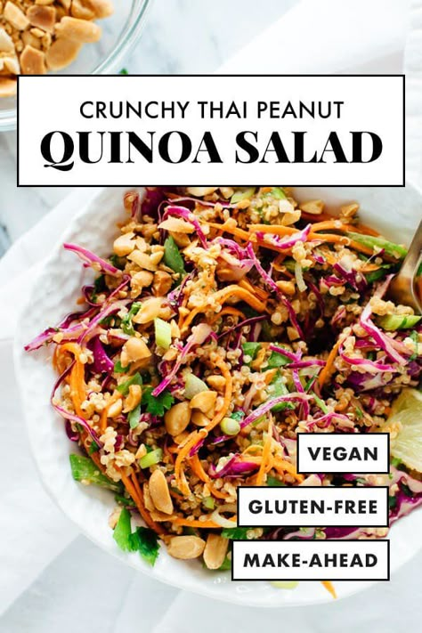 This Thai-flavored quinoa salad recipe is COLORFUL, crisp and delicious! It’s also vegan and gluten free. It's made with carrots, cabbage, snow peas, and quinoa, tossed in a delicious peanut sauce. It packs great for lunch! #cookieandkate #mealprep #quinoasald #thairecipe #healthyrecipe Peanut Quinoa Salad, Salad Macaroni, Salad Quinoa, Quinoa Salad Recipe, Resep Salad, Thai Peanut, Vegetarian Cabbage, Quinoa Salad Recipes, Snow Peas