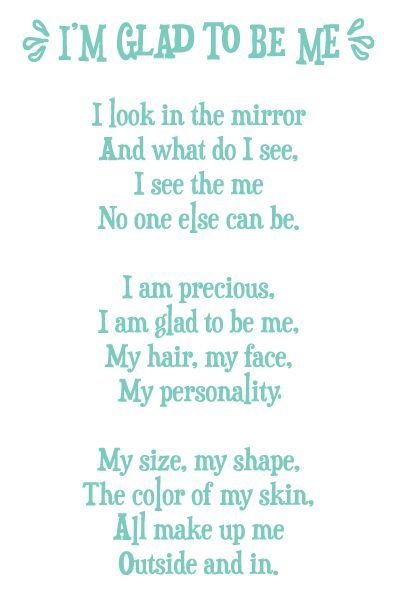 I am so glad to be me and no one else!:) I know this for sure...I can humbly say. Positive Affirmations For Kids, Classroom Songs, Poetry For Kids, Fina Ord, Kids Poems, Affirmations For Kids, Preschool Songs, A Poem, Kids Songs