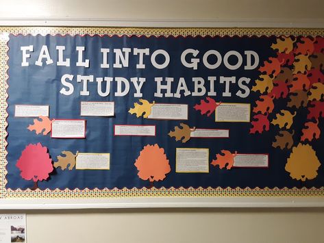 Thought it might be cute to incorporate fall into my board this month! As far as the writing goes I just googled "good study habits" and you can go from there. Fall Into Good Habits Bulletin Board, Study Habits Bulletin Board, November Bulletin Board Ideas College, Fall Bulletin Boards High School, October Bulliten Board, Fall Into Healthy Habits Bulletin Board, Ra Bulletin Boards November, Educational Bulletin Board Ideas, Fall Ra Boards