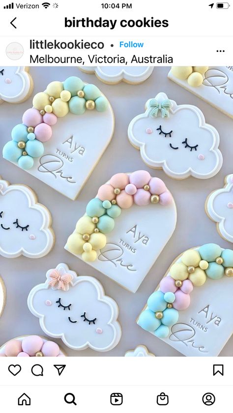 Custom Cookies 1st Birthday, Pastel First Birthday Cookies, Pastel Cookies Decorated, Pastel Birthday Cookies, Pastel Sugar Cookies, Cloud Cookies Decorated, Cloud 9 Cookies, Pastel Rainbow Cookies, Cookies Arcoiris