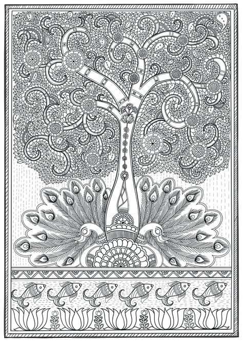 Tree Of Life Painting Madhubani, Madhubani Tree Painting, Tree Of Life Madhubani, Madhubani Embroidery, Madhubani Tree Of Life, Tree Of Life Coloring Pages, Madhubani Tree, Peacock Madhubani, Madhubani Paintings Peacock