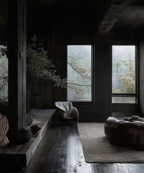 Dark Minimalist Interior, Dark Wabi Sabi, Wabisabi Bedroom, Earthy Homes, Wabi Sabi House, In Praise Of Shadows, Black Bedroom Design, Dark Boho, Wabi Sabi Interior