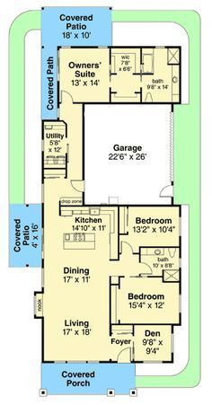 This Prairie-style house plan is a unique design suited for a narrow corner lot. A covered porch welcomes guests into the home.  Through the entrance is a foyer with a convenient coat closet. To the right is a den, which could also be used as a home office. To the left, guests walk into an open style living area. The living and dining rooms are transitioned by a cozy reading nook.  The kitchen is designed for efficiency and style. The island holds the cooktop and prep-sink which face o House Transformation, Cabin Designs, Hereford Cattle, Narrow House Plans, Small Cottage House Plans, Narrow Lot House, Prairie Style Houses, Prep Sink, Small House Floor Plans