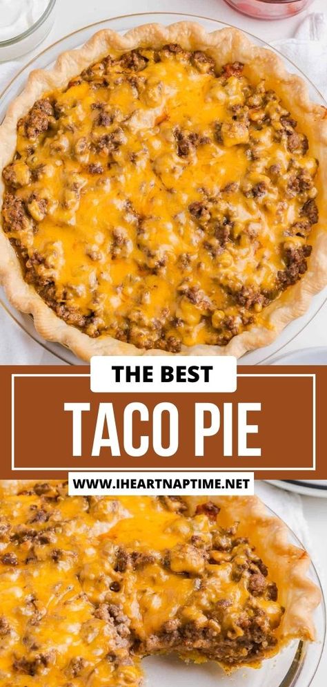 Twist up your taco night and serve this super simple, beefy, cheesy, and flavorful taco pie instead! It’s a 30-minute dinner idea that you will have everyone wanting seconds. Things To Make With Taco Meat, Taco Pie With Pie Crust, Taco Pie With Crescent Rolls, Taco Pie With Bisquick, Easy Taco Pie, Crescent Roll Taco Bake, Taco Pie Recipes, Leftover Taco Meat, Asian Steak Bites