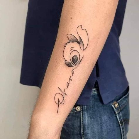 Ohana Tattoo Ideas Families, Ohana Stitch Tattoo, Ohana Tattoo Ideas, Finger Tattoos Words, Disney Stitch Tattoo, Ohana Tattoo, Disney Sleeve Tattoos, Tattoo Disney, Stitch Tattoo