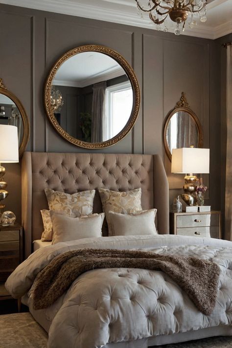 Interior design, bedroom decor, wall paint, home decoration Side Table With Mirror Above, Mirror Wall Bedroom Behind Bed, Round Mirror Over Bed, Mirrors On Each Side Of Bed, Mirror Behind Nightstand Master Bedrooms, Mirrors Behind Bed, Mirrors Over Bed, Bedroom Ideas With Mirrors, Mirror Over Nightstand Bedroom